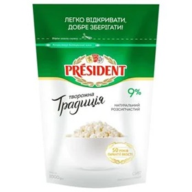 Сир кисломолочний Творожна традиція TM PRESIDENT 9% (Пакет 1 кг)